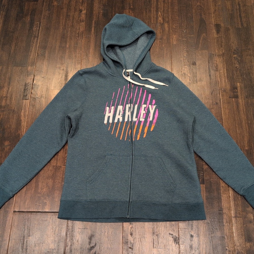 Harley Davidson Women Large Teal Pink Graphic Full Zip Up Hoodie Sweatshirt Soft